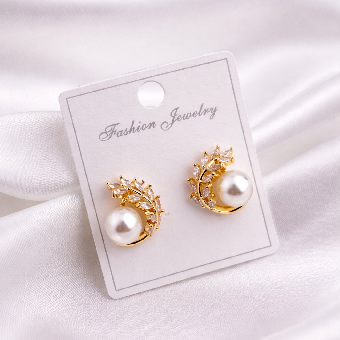 PEARL LEAF EARRINGS WITH STONE, FASHION JEWELRY IMITATION GOLD- ONE PAIR