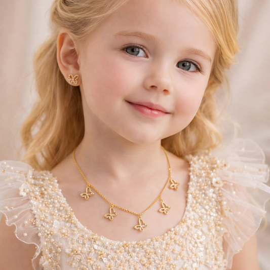 Butterfly Charm Necklace & Stud Earrings Set – Stone-Outlined Pendants | Imitation Gold