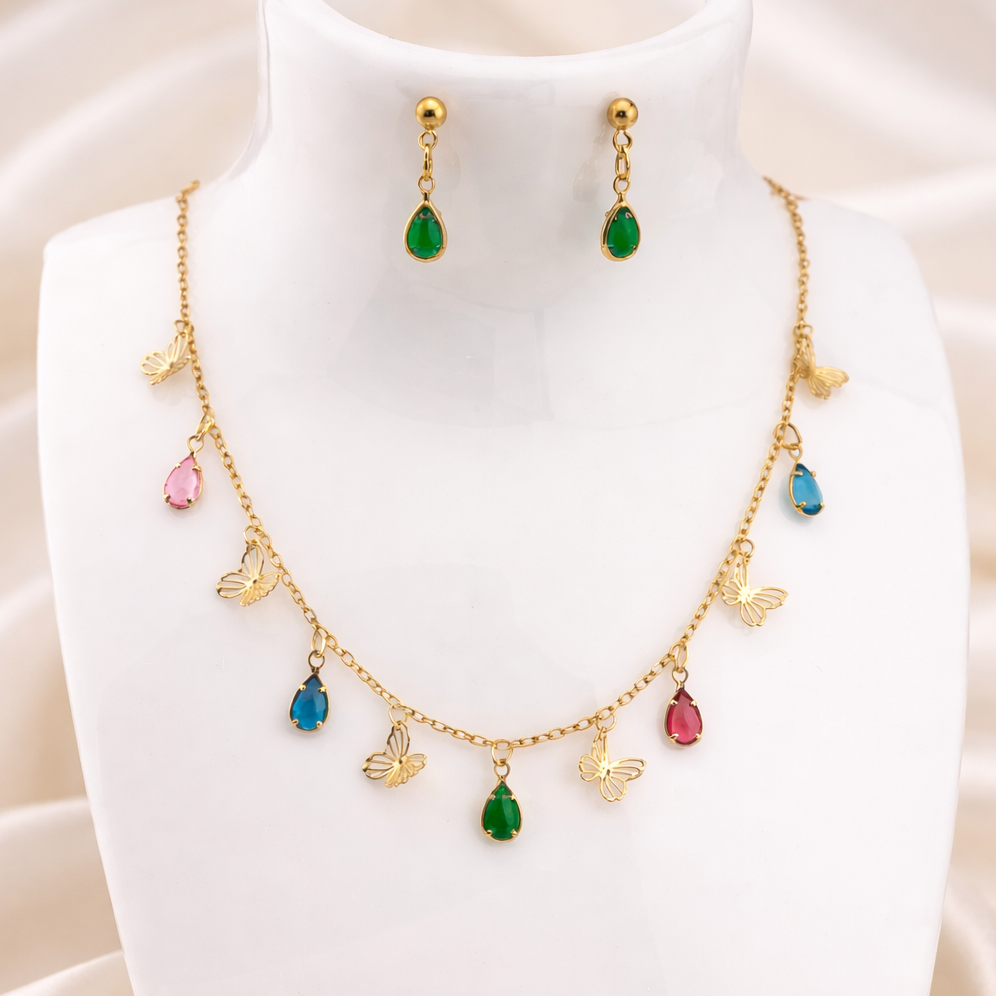 PRINCES NECKLACE AND EARING SET FOR KIDS, COLOR STONE DROPES DANGLING BUTTERFLIES WITH ADJUSTABLE CHAIN, FASHION JEWELRY IMITATION GOLD
