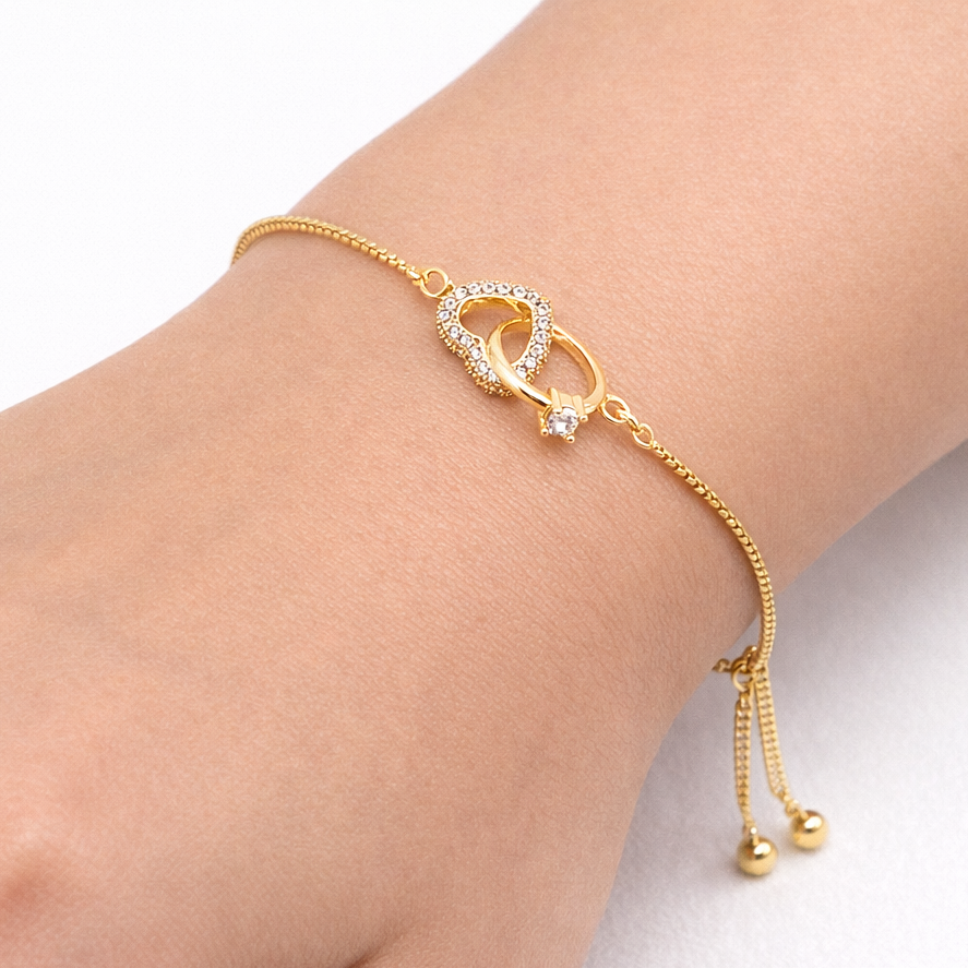 Heart Charm Bracelet – Stone-Outlined Ring Interlocking Hearts | Imitation Gold Adjustable Bracelet