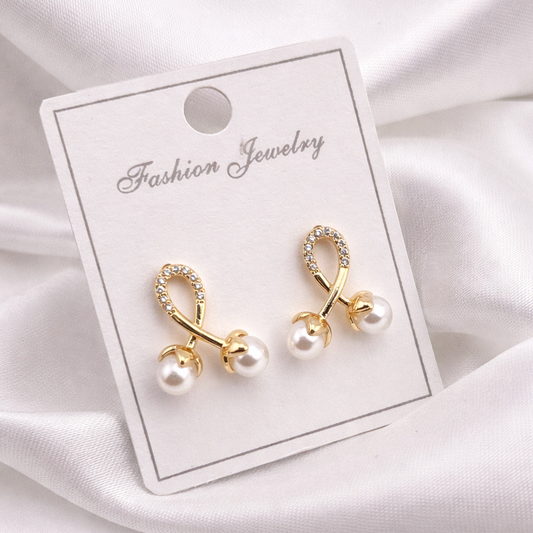 CUTE DOUBLE PEARL DROPS EARRINGS WITH STONE, FASHION JEWELRY IMITATION GOLD- ONE PAIR