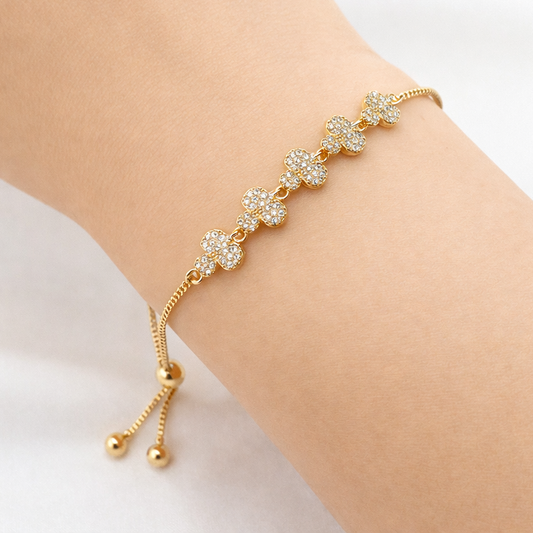 Floral Cluster Charm Adjustable Bracelet – Crystal Flower Motifs | Imitation Gold