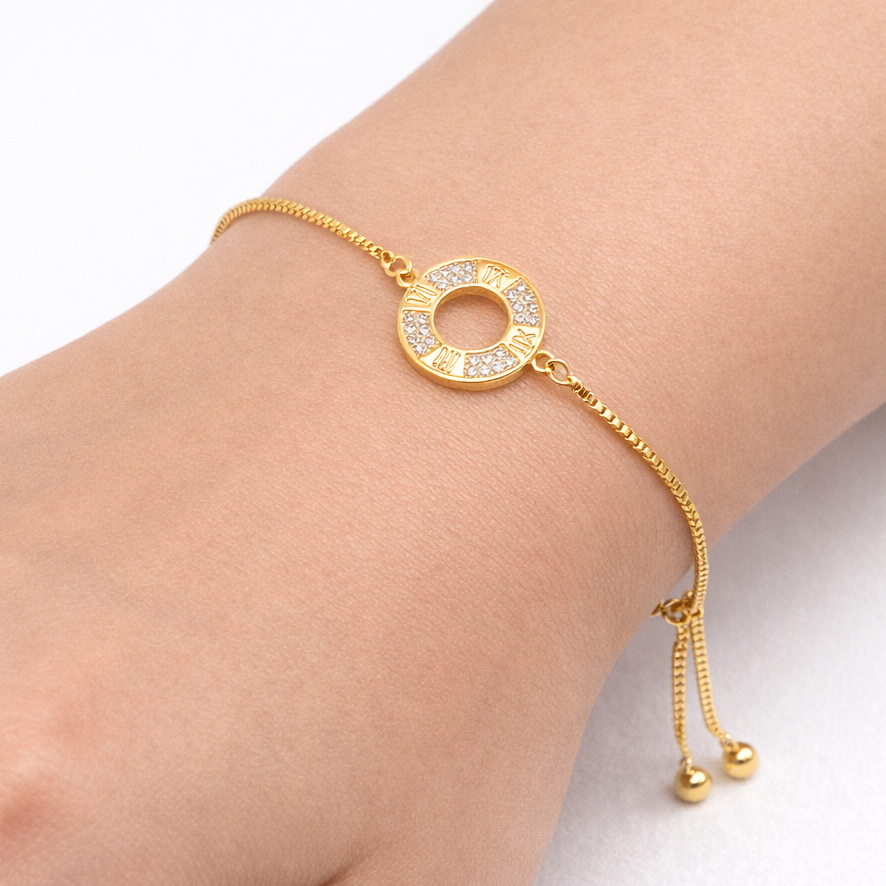 Roman Numeral Circle Stone Bracelet – Adjustable | Imitation Gold Fashion Jewelry