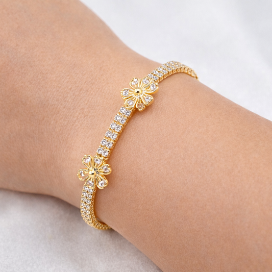 Floral Crystal Tennis Bracelet – Stone-Studded Flower Motifs | Imitation Gold Fashion Jewelry