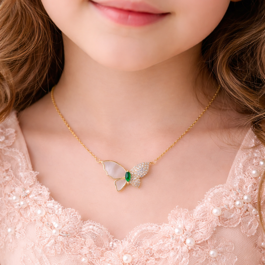 BUTTERFLY NECKLACE PEARL PENDANT WITH -GREEN STONE, ADJUSTABLE CHAIN, FASHION JEWELRY IMITATION GOLD