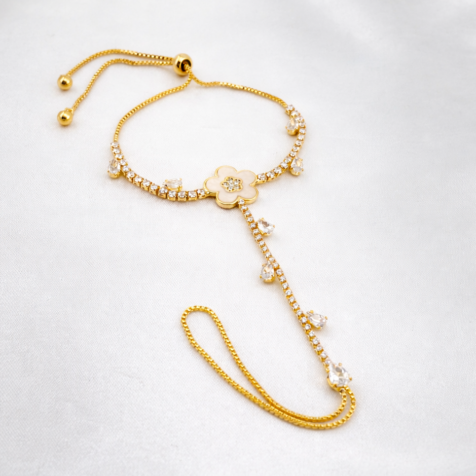Floral Hand Harness Bracelet with Stone Chain – Adjustable | Hathphool | Imitation Gold Fashion Jewelry