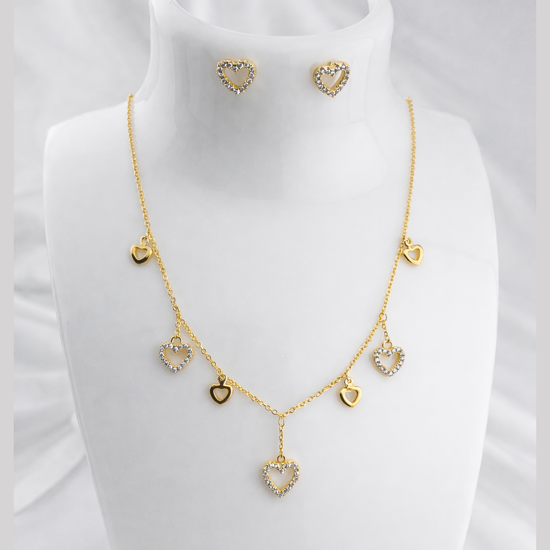 Heart Charm Necklace & Stud Earrings Set – Stone-Outlined Hearts | Imitation Gold