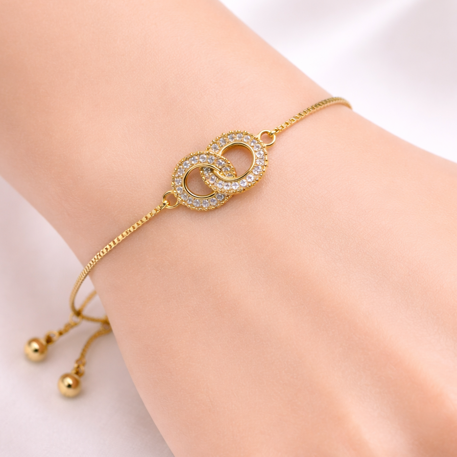 Interlocking Circle Stone Bracelet – Adjustable | Imitation Gold Fashion Jewelry