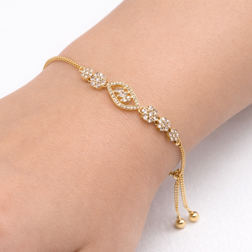 Floral Eye Charm Bracelet – Crystal Flower Motifs | Adjustable | Imitation Gold Fashion Jewelry