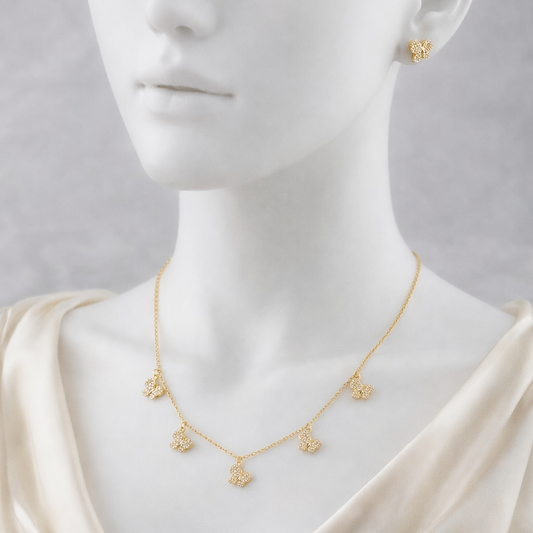 BUTTERFLY NECKLACE AND EARRING SET FASHION JEWELRY IMITATION GOLD, ADJUSTABLE CHAIN