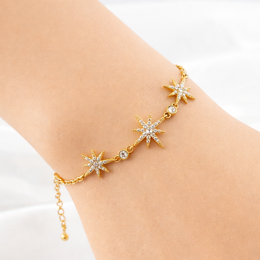 Starburst Charm Bracelet – Crystal North Star Motifs | Imitation Gold Adjustable Bracelet