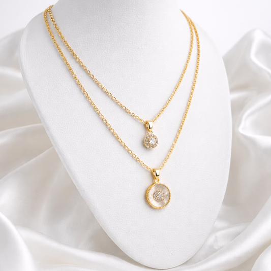 DUAL LAYERED NECKLACE PENDANT CIRCLE-STONE, ADJUSTABLE CHAIN, FASHION JEWELRY IMITATION GOLD