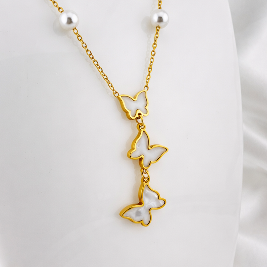 ANTI TARNISH STAINLESS STEEL NCKLCE, DANGLING BUTTERFLYS PENDANT PEARL BEARDS, FASHION JEWELRY IMITATION GOLD, ADJUSTABLE CHAIN