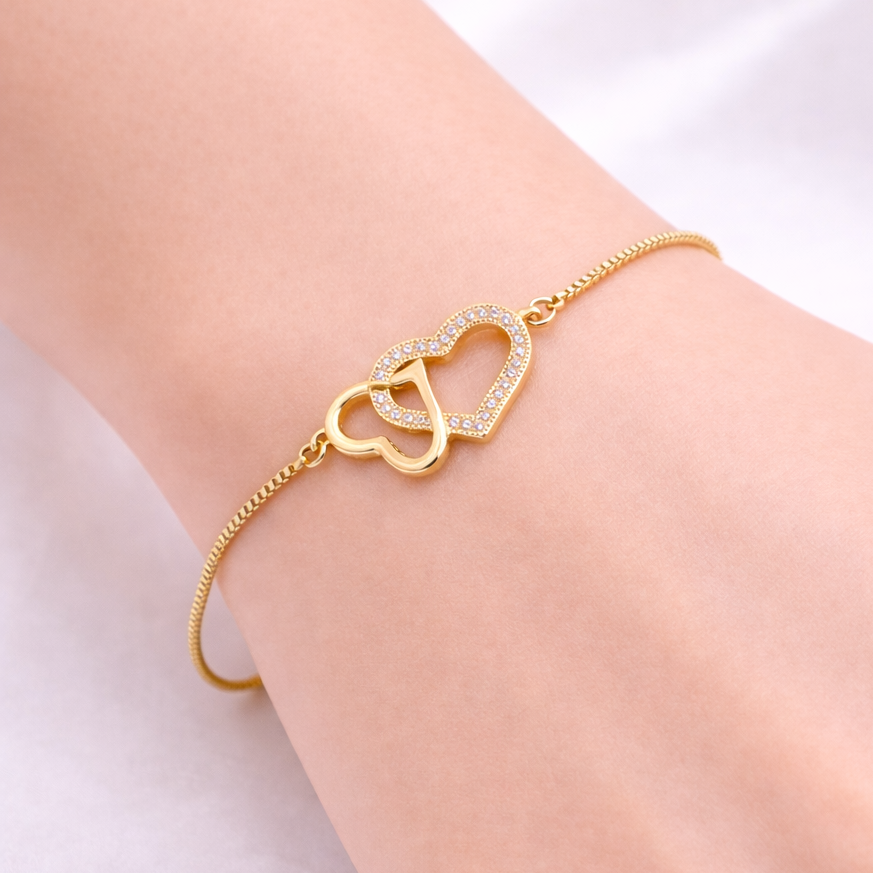Double Heart Stone Bracelet – Adjustable| Imitation Gold Fashion Jewelry
