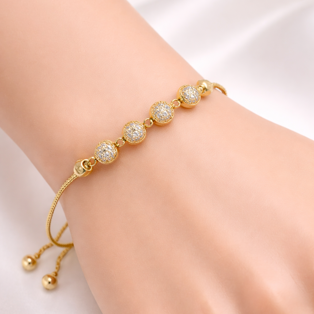 Round Stone Link Bracelet – Adjustable Chain | Imitation Gold Fashion Jewelry