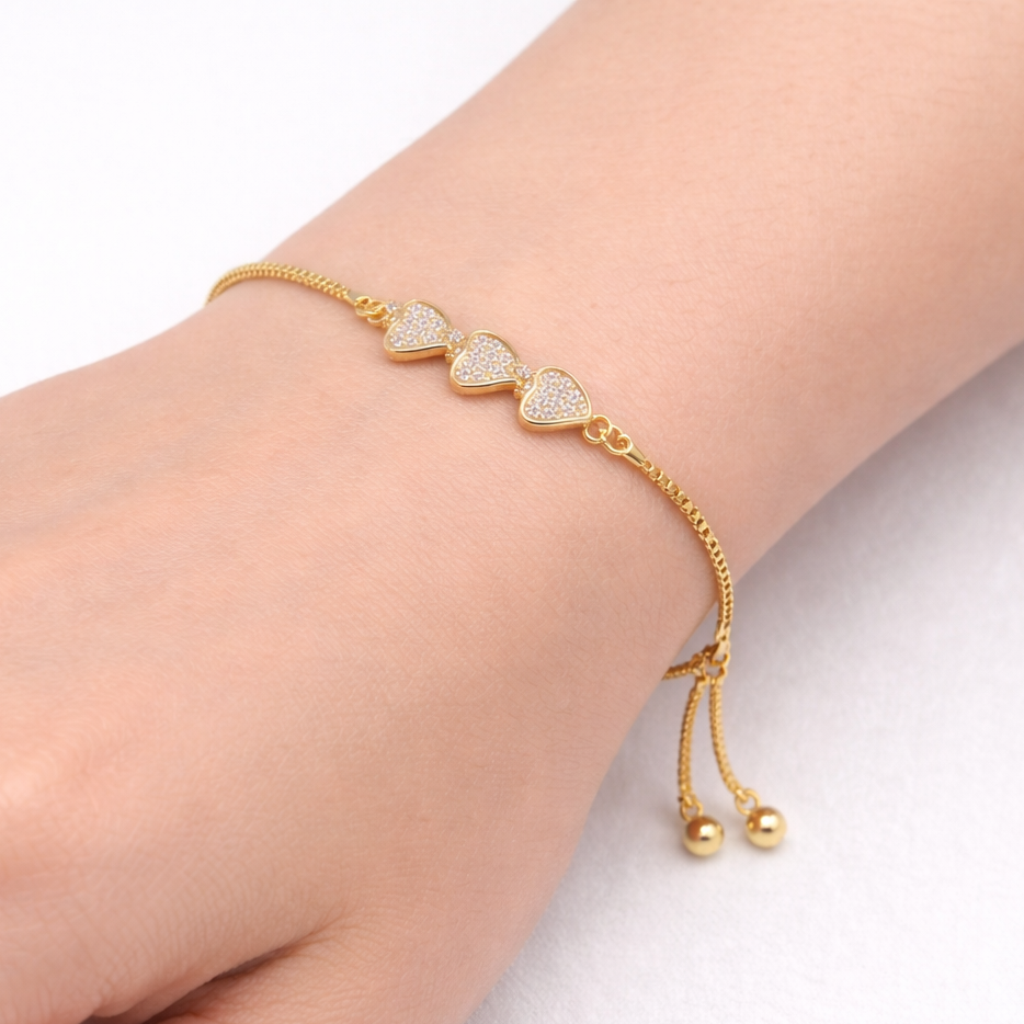 Triple Heart Charm Bracelet – Stone-Filled Hearts | Adjustable | Imitation Gold  Fashion Jewelry