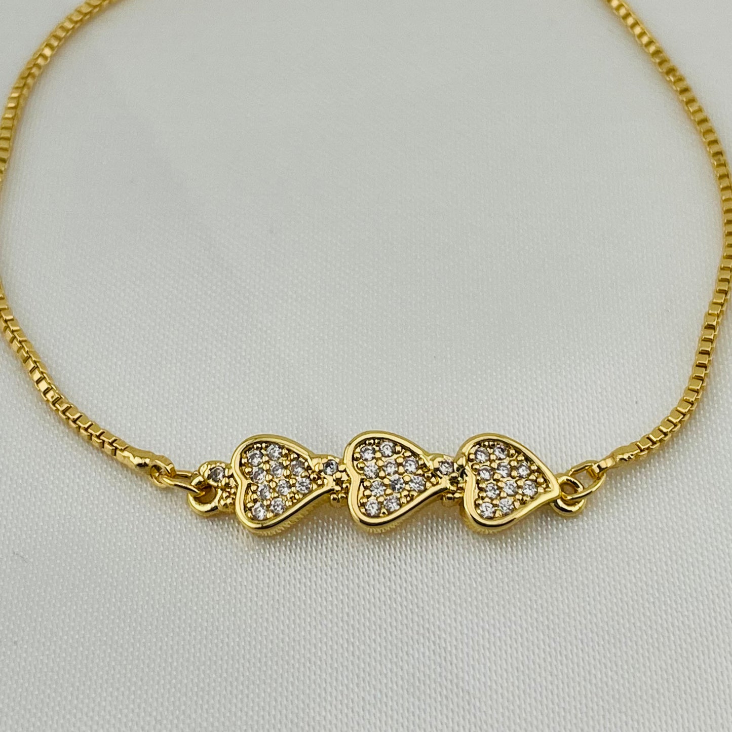 Triple Heart Charm Bracelet – Stone-Filled Hearts | Adjustable | Imitation Gold  Fashion Jewelry