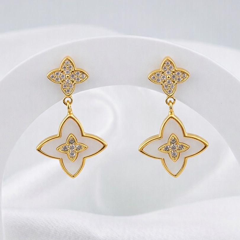FOUR LEAF DANGLE EARRINGS -STONE STUD, FASHION JEWELRY IMITATION GOLD- ONE PEAR