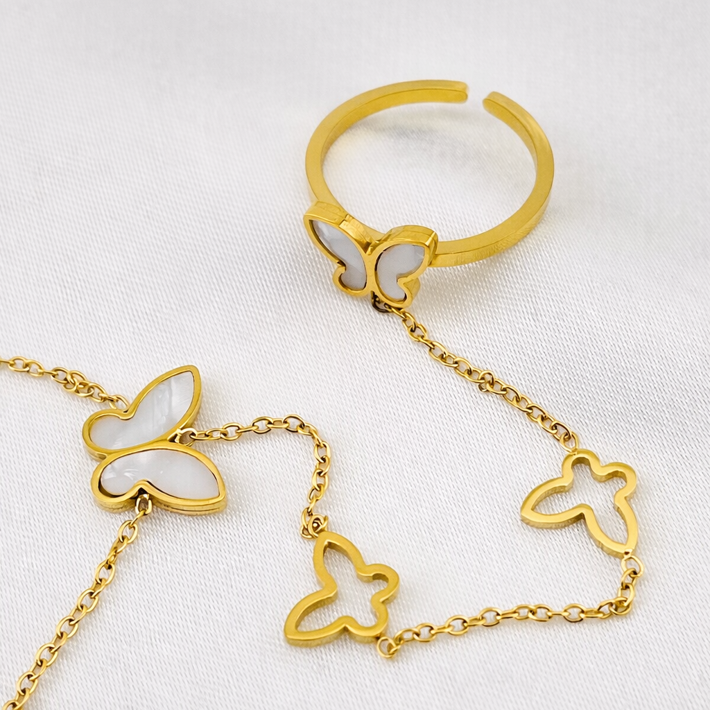 Butterfly Hand Harness Bracelet with Ring -Adjustable Chain – Anti-Tarnish Stainless Steel | Imitation Gold Fashion Jewelry