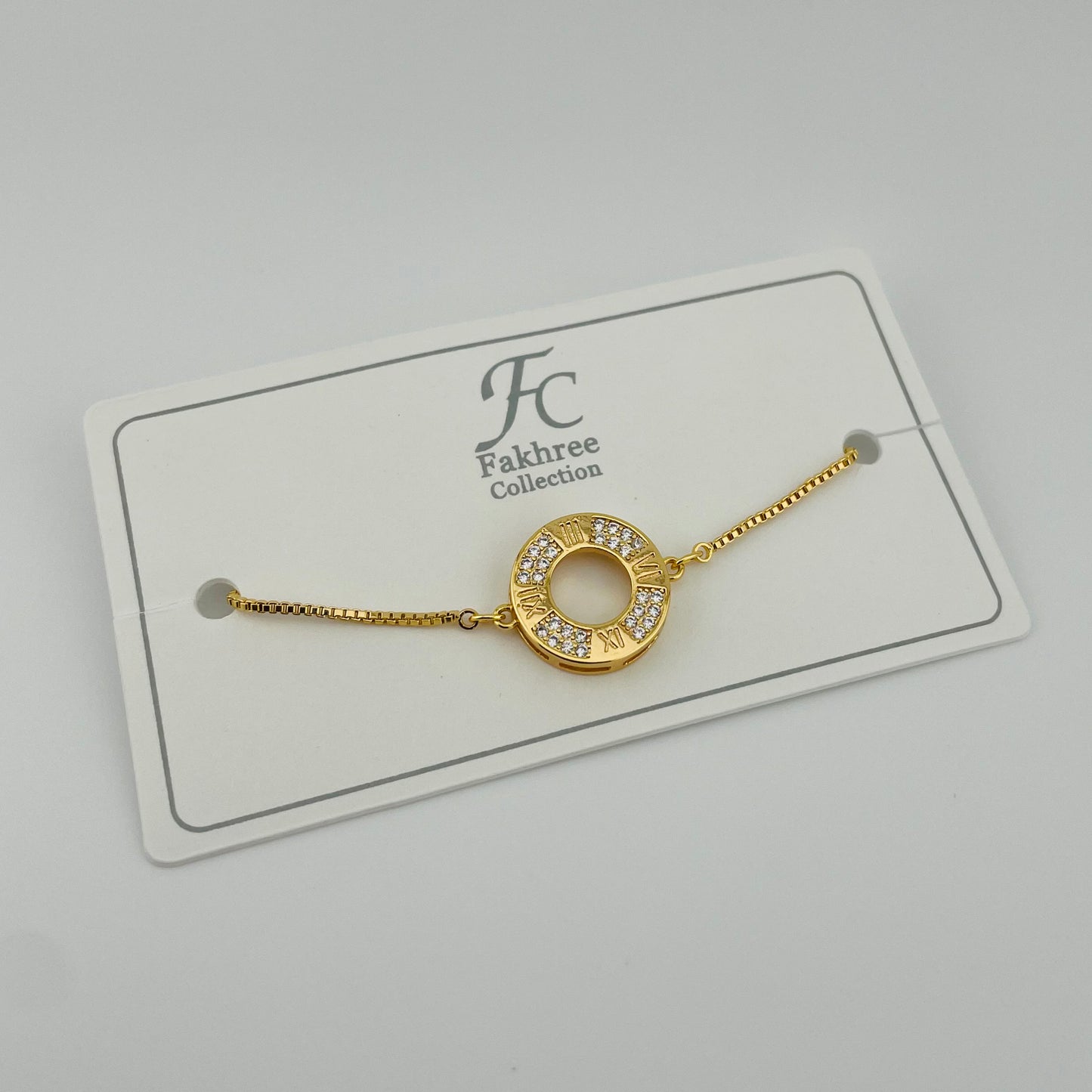 Roman Numeral Circle Stone Bracelet – Adjustable | Imitation Gold Fashion Jewelry