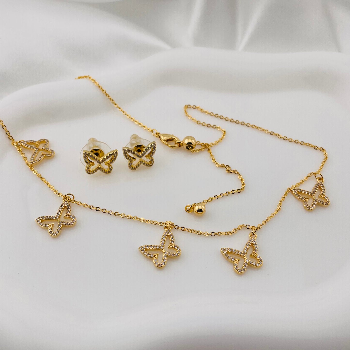 Butterfly Charm Necklace & Stud Earrings Set – Stone-Outlined Pendants | Imitation Gold