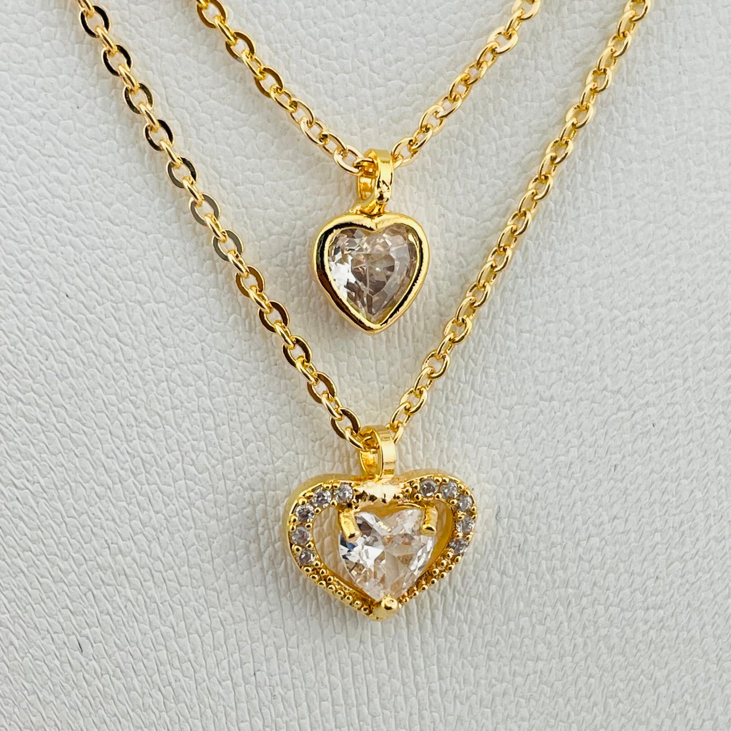 DUAL LAYERED NECKLACE DOUBLE HEART STONE PENDANTS, ADJUSTABLE CHAIN, FASHION JEWELRY IMITATION GOLD