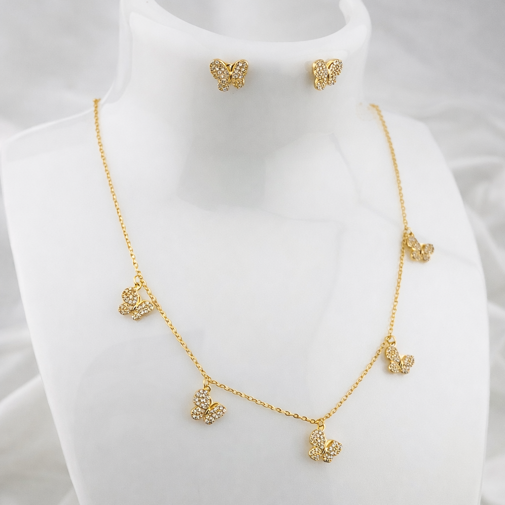 BUTTERFLY NECKLACE AND EARRING SET FASHION JEWELRY IMITATION GOLD, ADJUSTABLE CHAIN