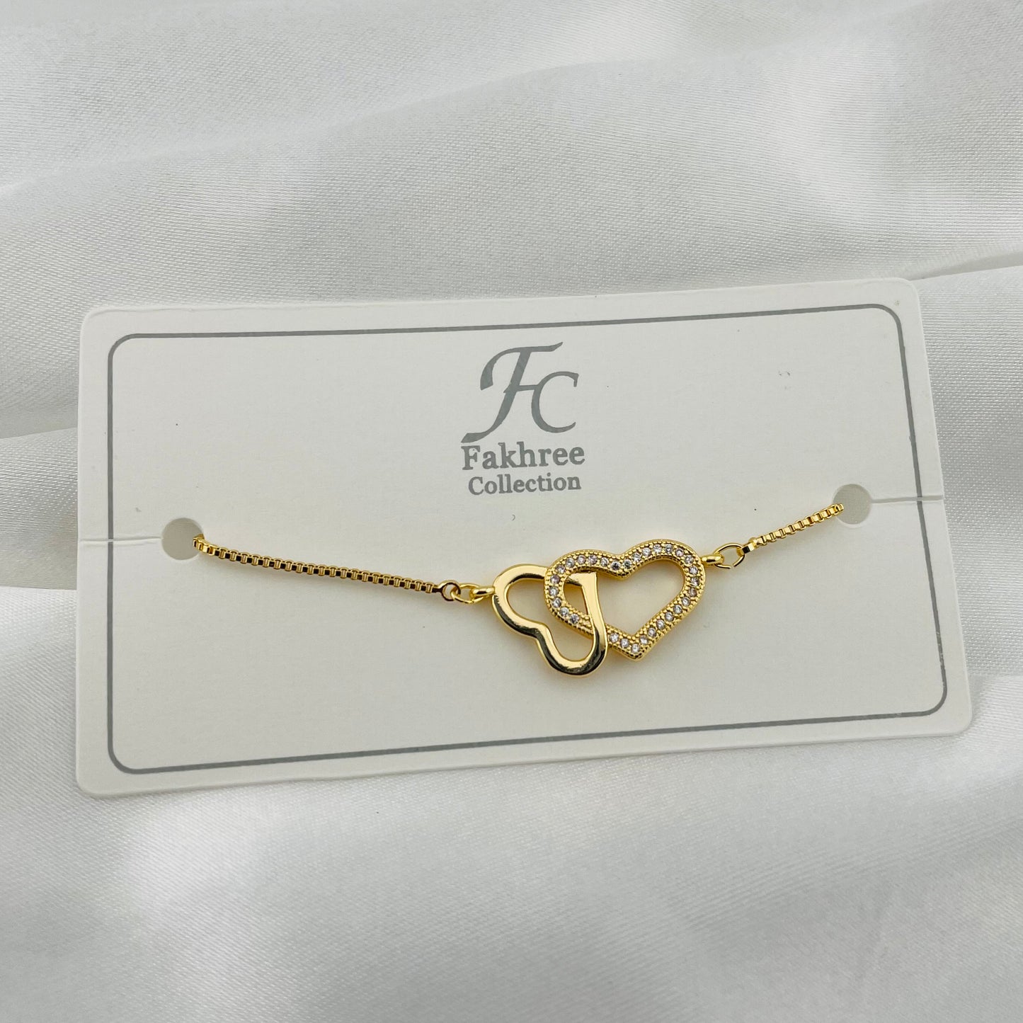 Double Heart Stone Bracelet – Adjustable| Imitation Gold Fashion Jewelry