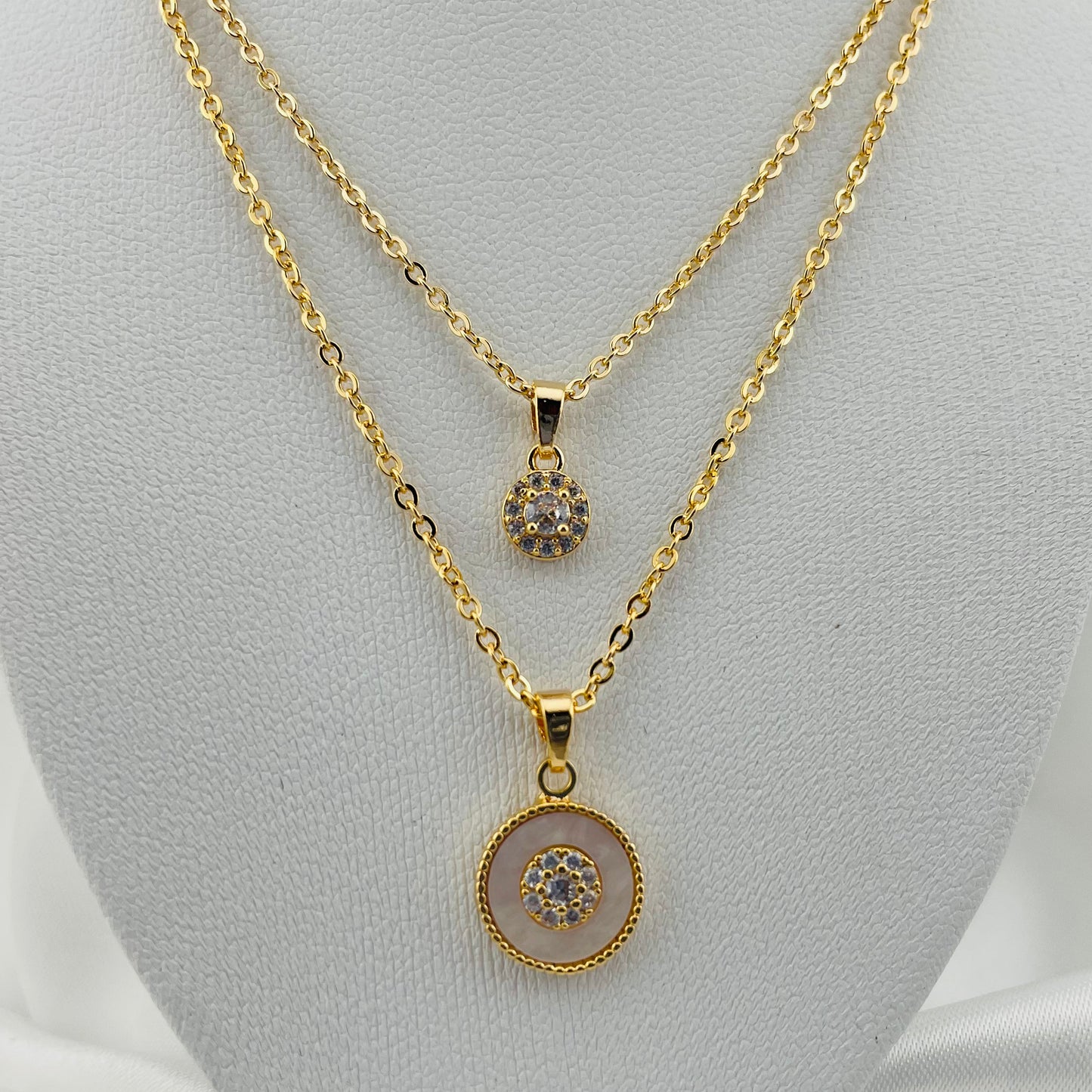 DUAL LAYERED NECKLACE PENDANT CIRCLE-STONE, ADJUSTABLE CHAIN, FASHION JEWELRY IMITATION GOLD