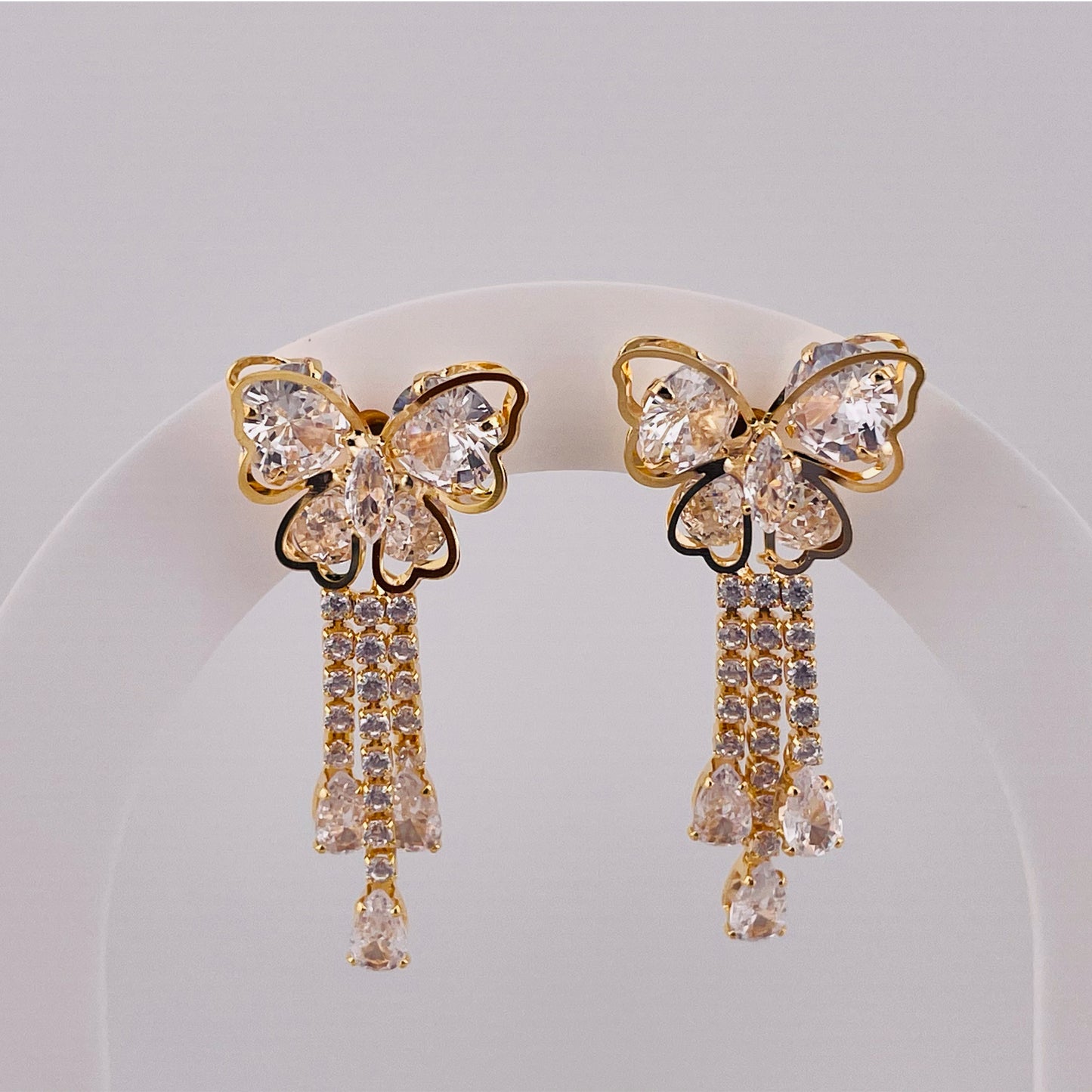BUTTERFLY EARRINGS - DANGLING STONES, FASHION JEWELRY IMITATION GOLD- ONE PEAR