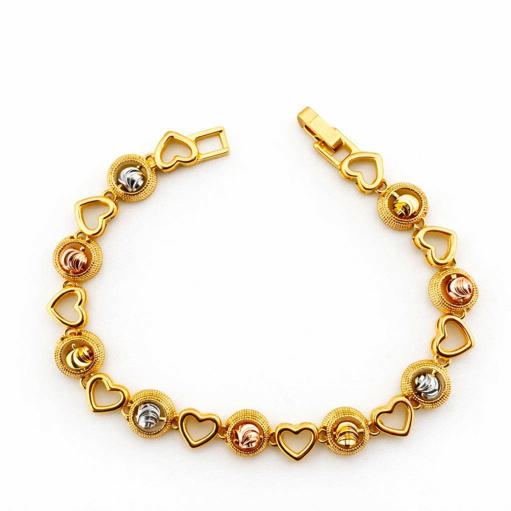 Heart Link Bracelet – Textured Round Motifs with Dual-Tone Accents | Imitation Gold Fashion Jewelry