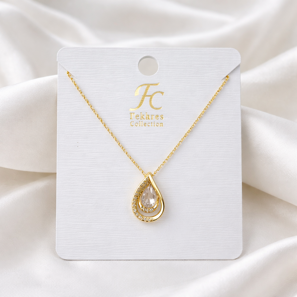 Teardrop Crystal Pendant Necklace – Stone-Outlined Drop | Imitation Gold Fashion Jewelry
