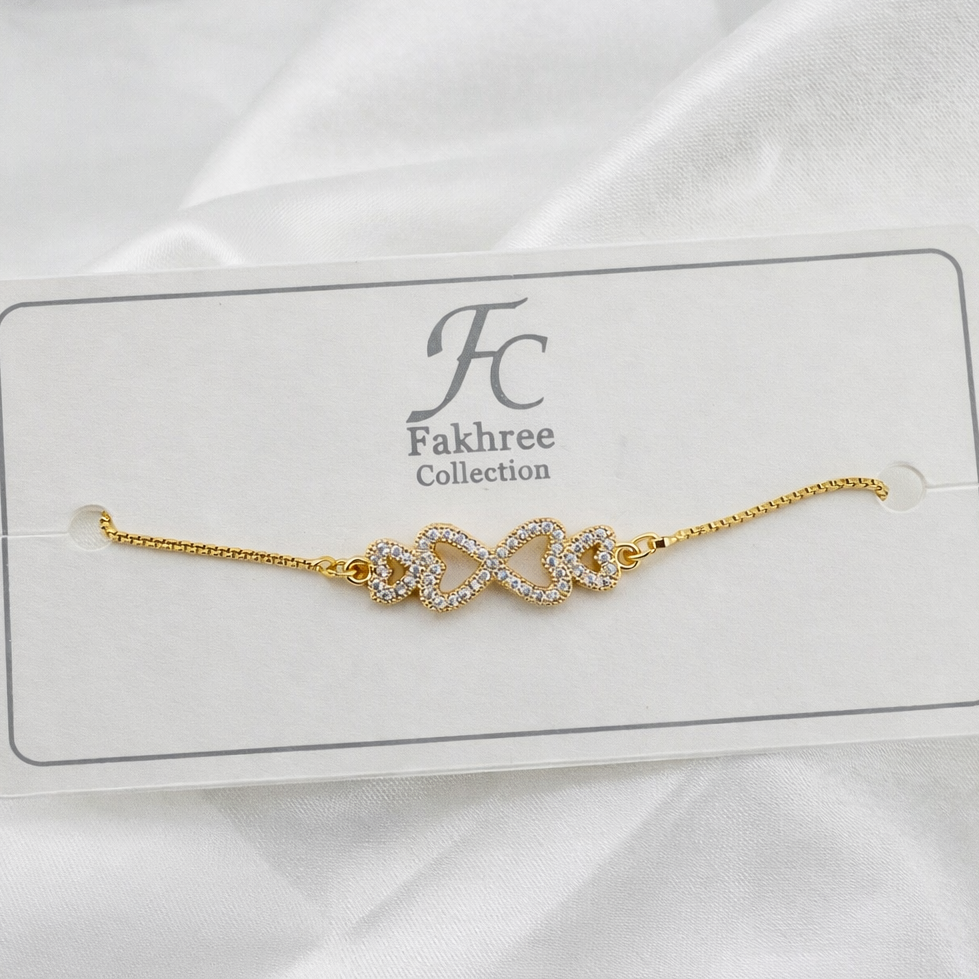 Infinity Heart Bracelet – Stone-Outlined Hearts | Adjustable Imitation Gold Bracelet