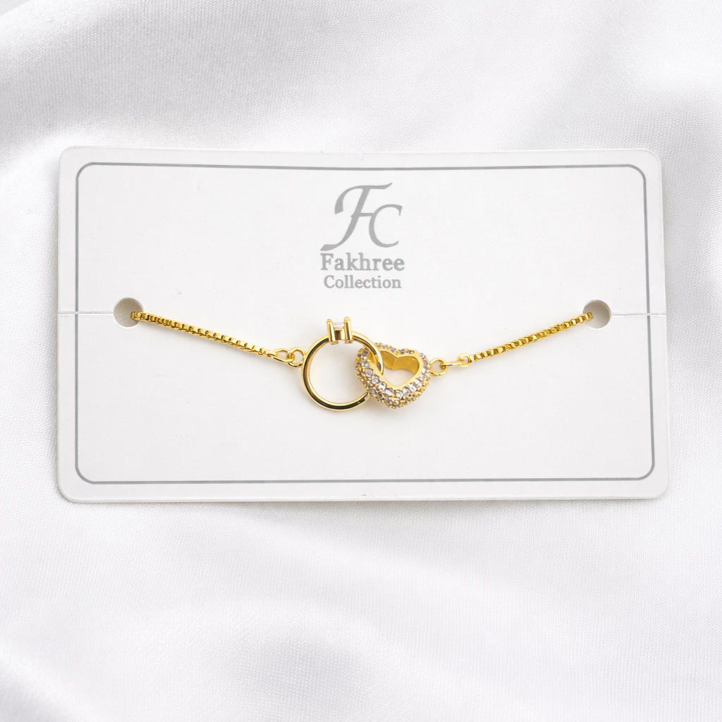 Heart Charm Bracelet – Stone-Outlined Ring Interlocking Hearts | Imitation Gold Adjustable Bracelet