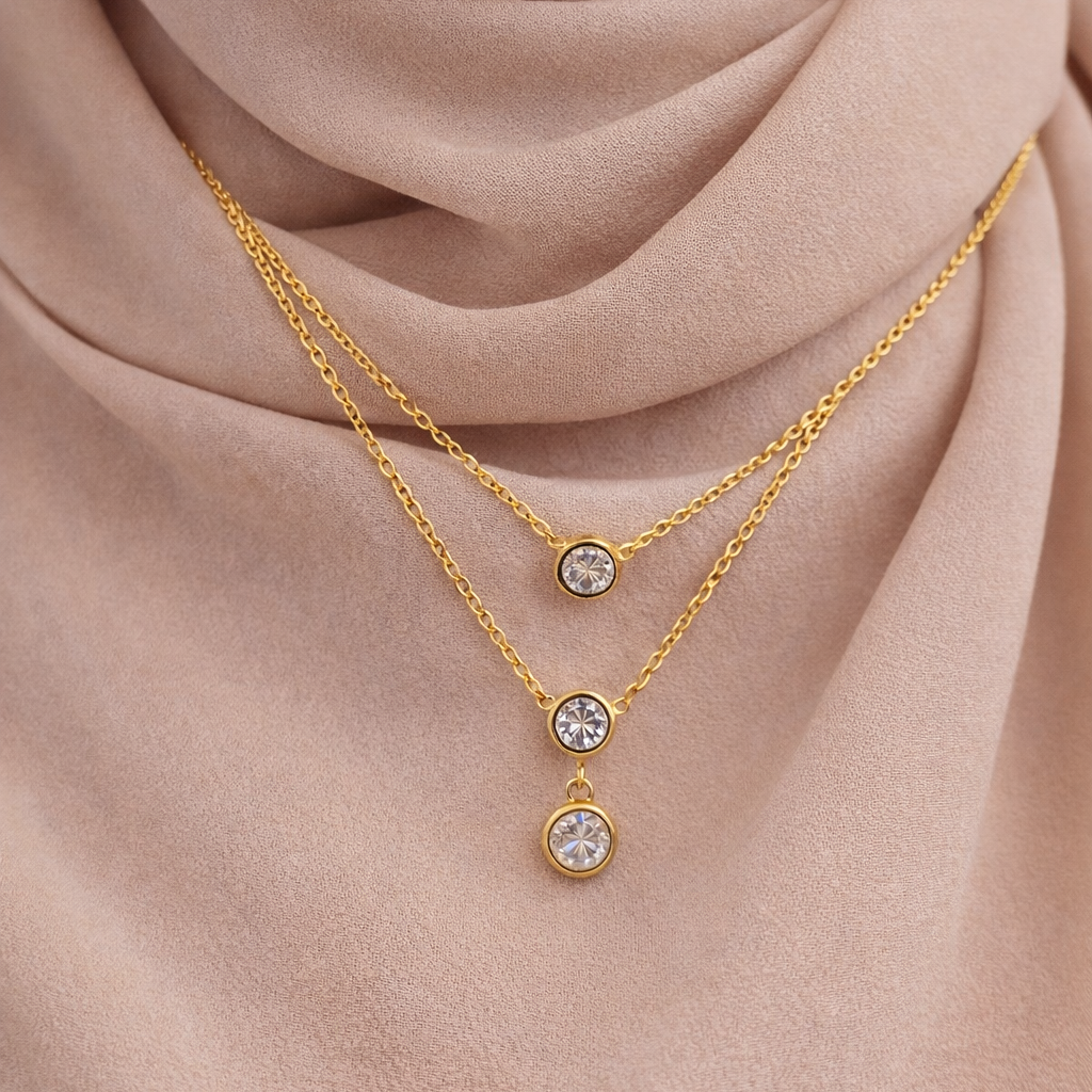 DUAL LAYERED NECKLACE 3 STONE PENDANT ,ADJUSTABLE CHAIN, FASHION JEWELRY IMITATION GOLD