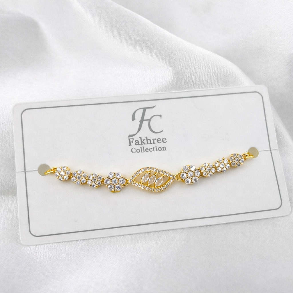 Floral Eye Charm Bracelet – Crystal Flower Motifs | Adjustable | Imitation Gold Fashion Jewelry
