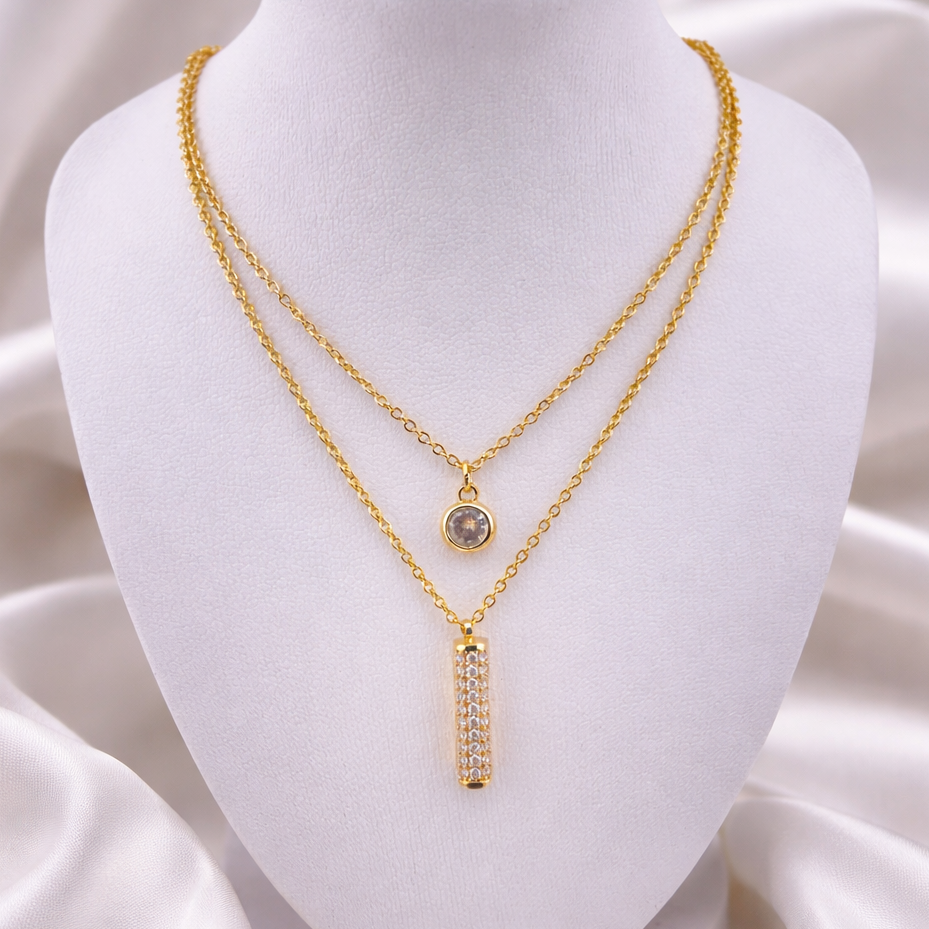 NECKLACE DUAL LAYERD PENDANT DANGLING BAR-STONE, ADJUSTABLE CHAIN, FASHION JEWELRY IMITATION GOLD