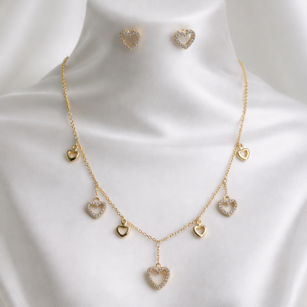 Heart Charm Necklace & Stud Earrings Set – Stone-Outlined Hearts | Imitation Gold