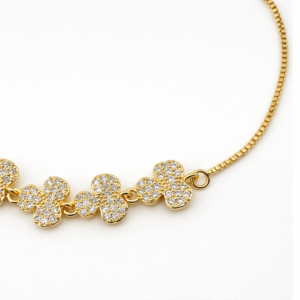 Floral Cluster Charm Adjustable Bracelet – Crystal Flower Motifs | Imitation Gold