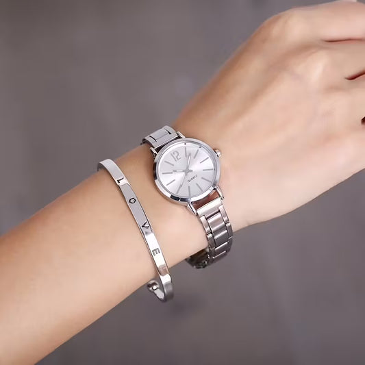 2PCS Watch & Love Bangle Set – Elegant Quartz Wrist Watch with Matching Bracelet | Fashion Jewelry Set