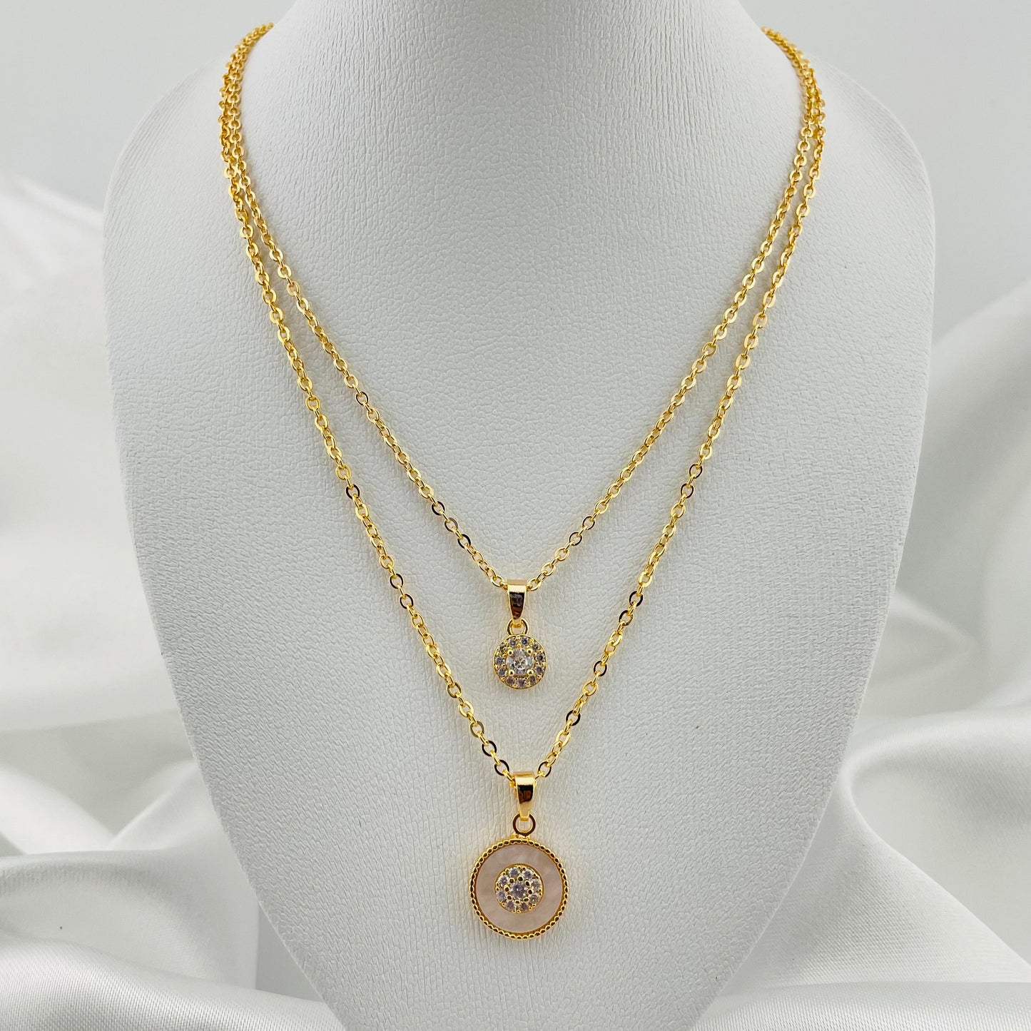 DUAL LAYERED NECKLACE PENDANT CIRCLE-STONE, ADJUSTABLE CHAIN, FASHION JEWELRY IMITATION GOLD