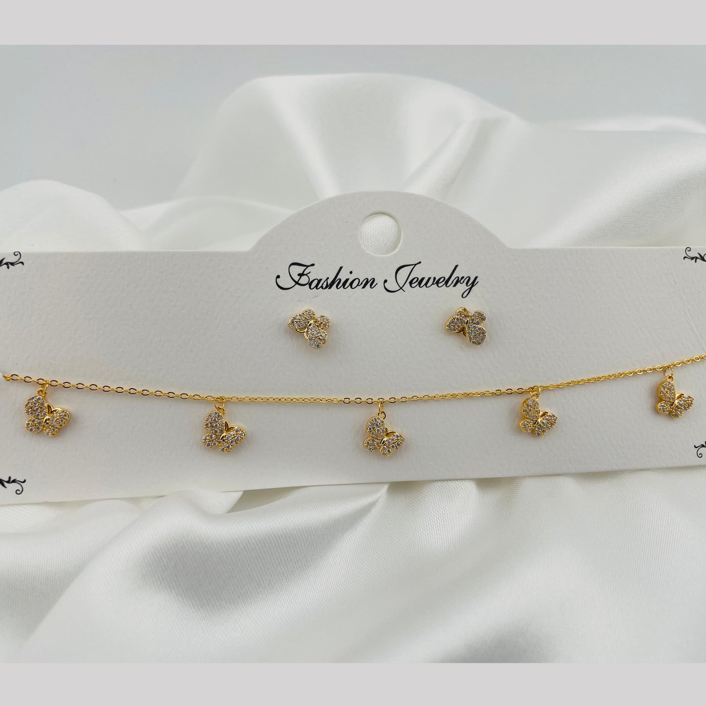 BUTTERFLY NECKLACE AND EARRING SET FASHION JEWELRY IMITATION GOLD, ADJUSTABLE CHAIN