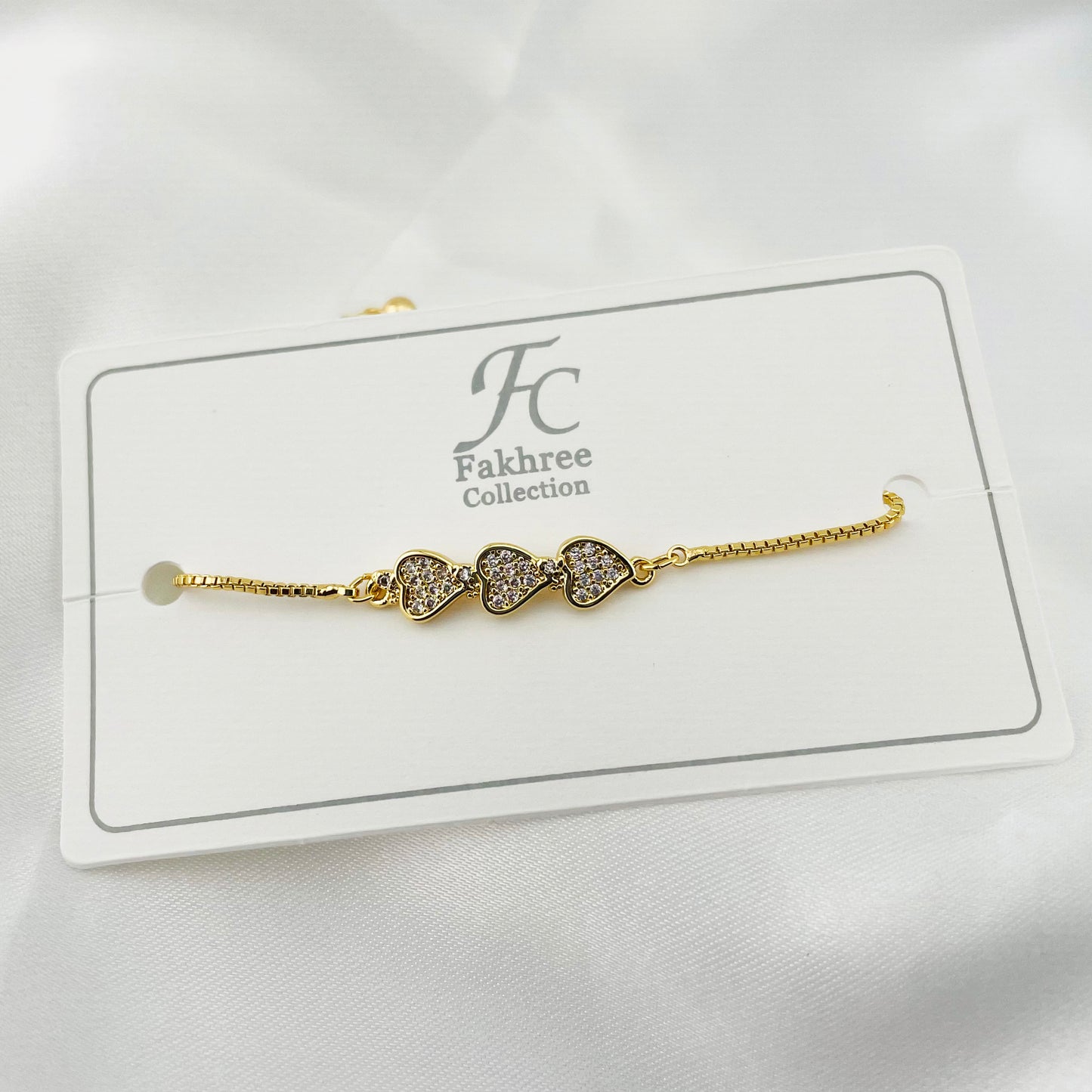 Triple Heart Charm Bracelet – Stone-Filled Hearts | Adjustable | Imitation Gold  Fashion Jewelry