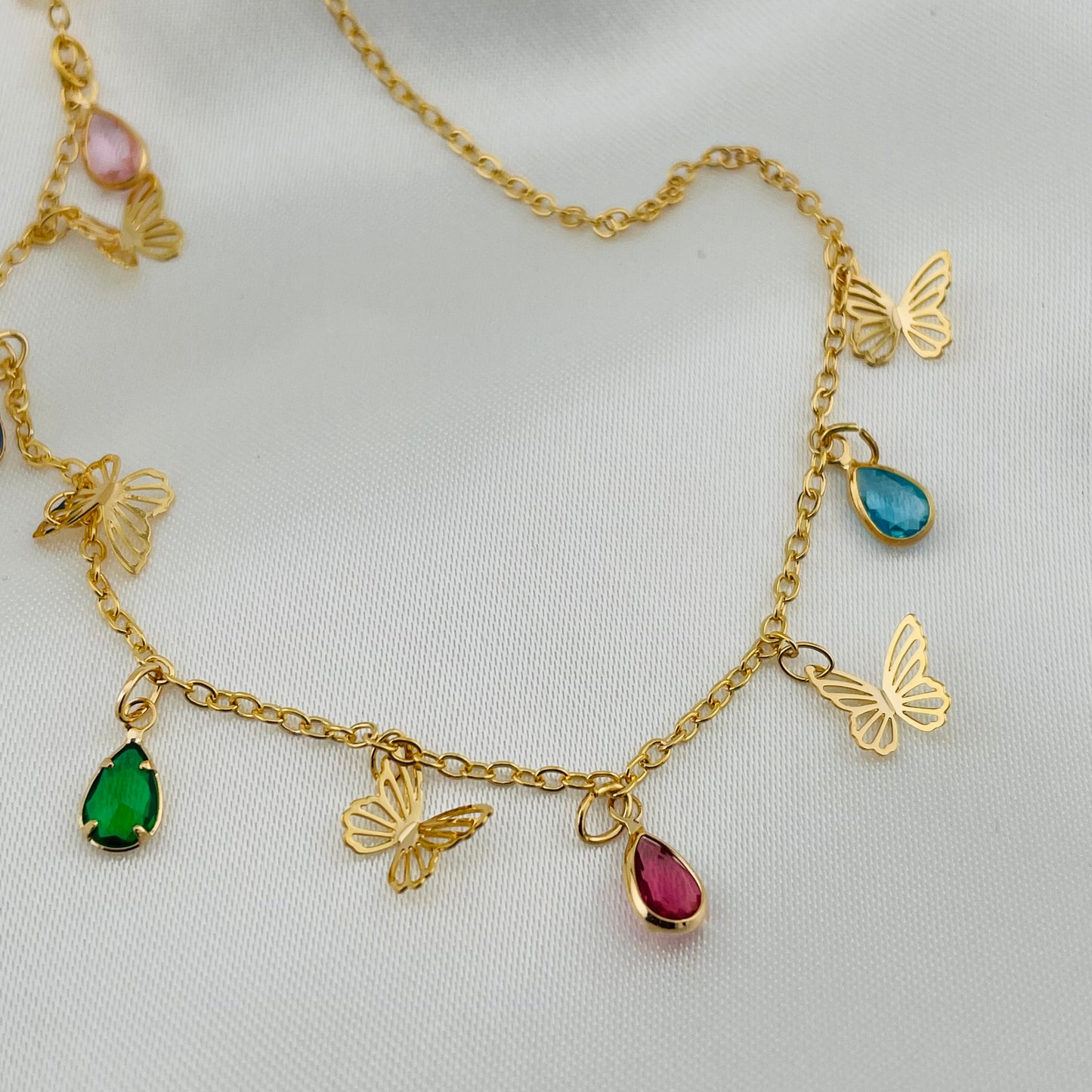 PRINCES NECKLACE AND EARING SET FOR KIDS, COLOR STONE DROPES DANGLING BUTTERFLIES WITH ADJUSTABLE CHAIN, FASHION JEWELRY IMITATION GOLD