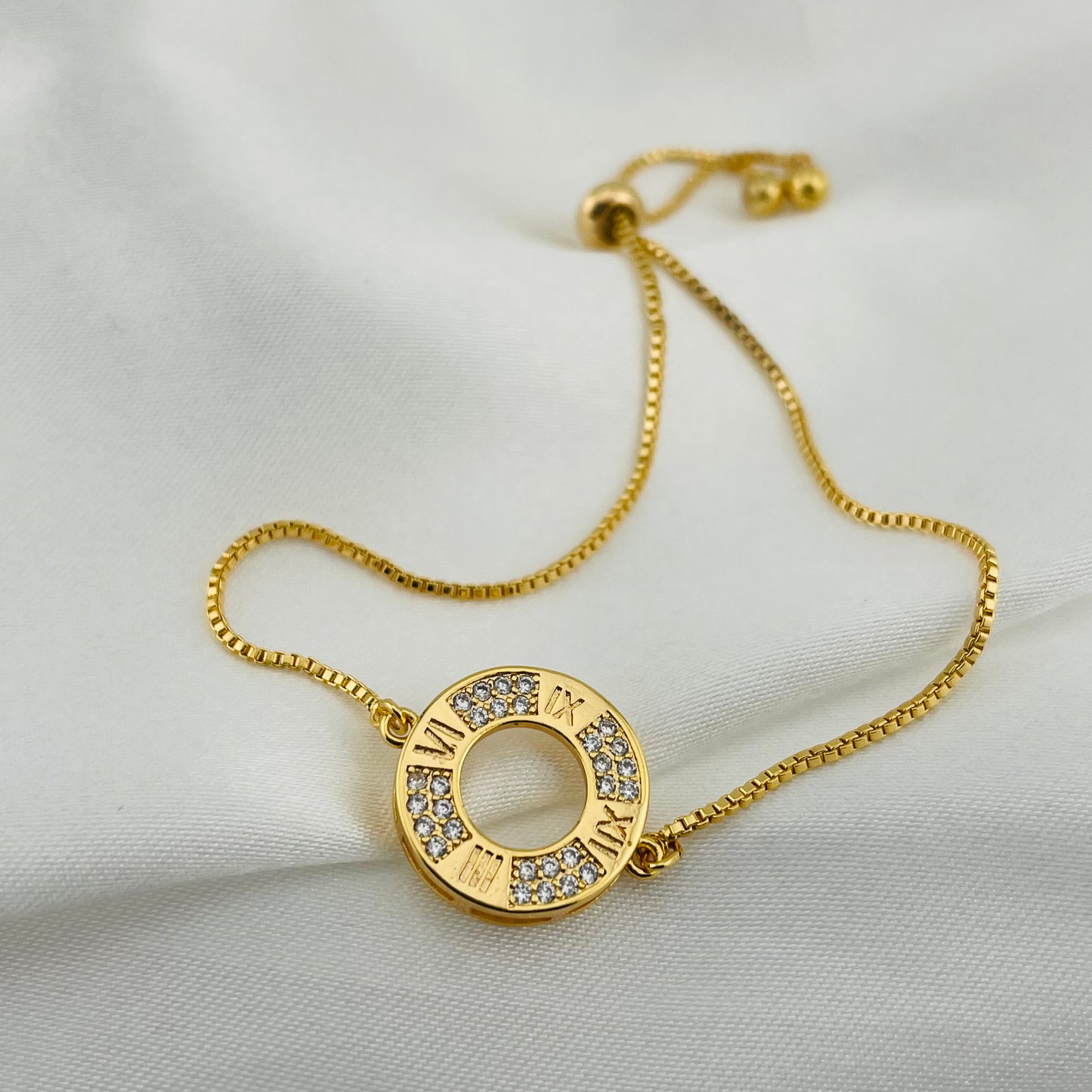 Roman Numeral Circle Stone Bracelet – Adjustable | Imitation Gold Fashion Jewelry