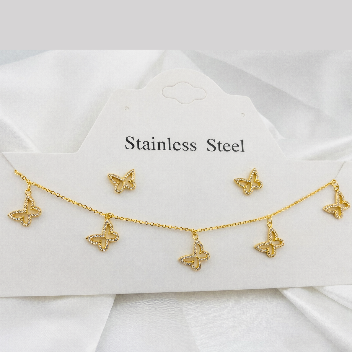 Butterfly Charm Necklace & Stud Earrings Set – Stone-Outlined Pendants | Imitation Gold