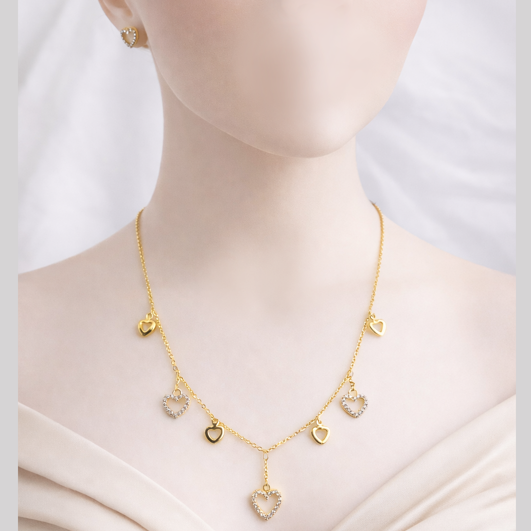 Heart Charm Necklace & Stud Earrings Set – Stone-Outlined Hearts | Imitation Gold