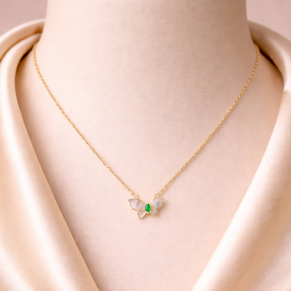 BUTTERFLY NECKLACE PEARL PENDANT WITH -GREEN STONE, ADJUSTABLE CHAIN, FASHION JEWELRY IMITATION GOLD