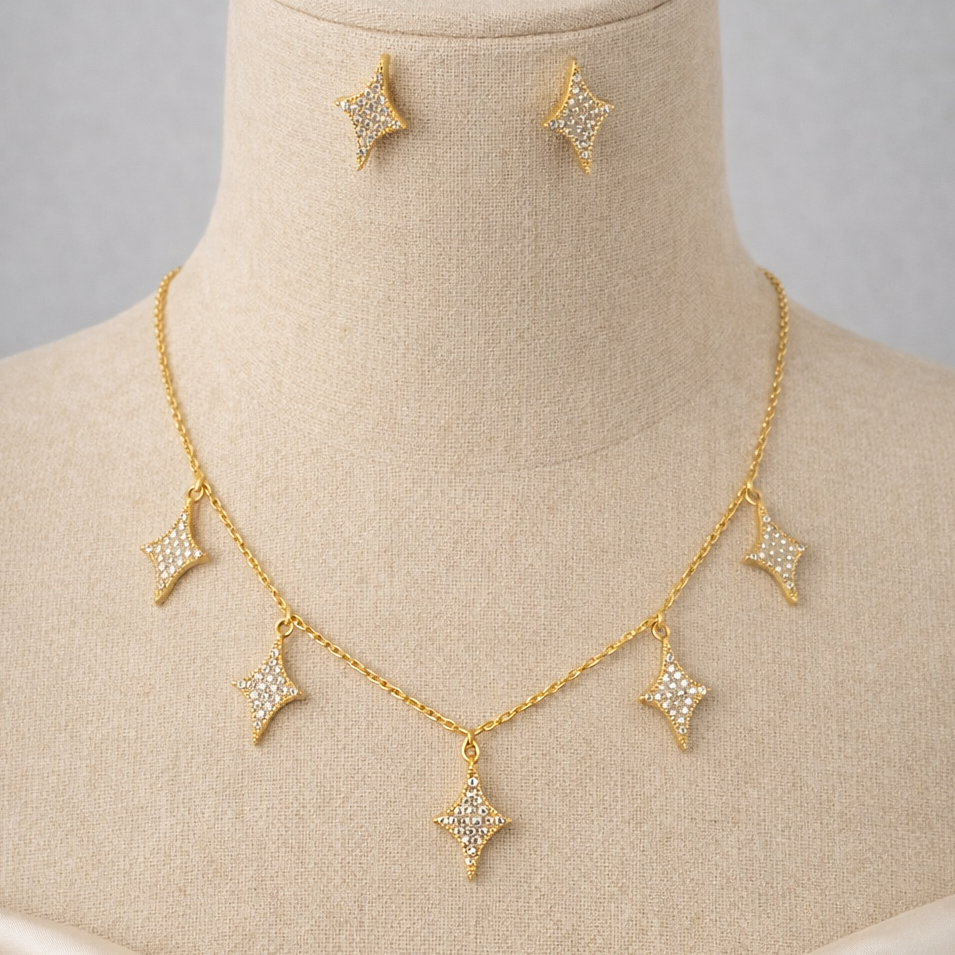NECKLACE AND EARING SET, DANGLING STARS PENDANTS, ADJUSTABLE CHAIN, FASHION JEWELRY IMITATION GOLD