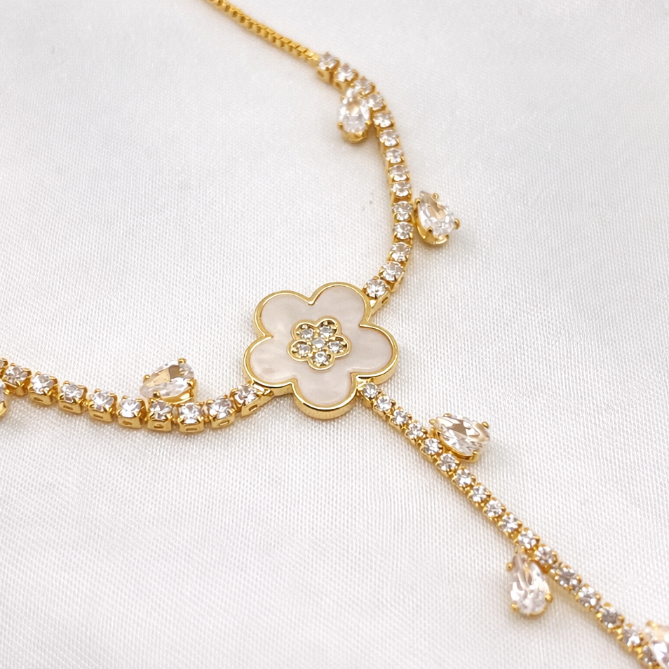 Floral Hand Harness Bracelet with Stone Chain – Adjustable | Hathphool | Imitation Gold Fashion Jewelry